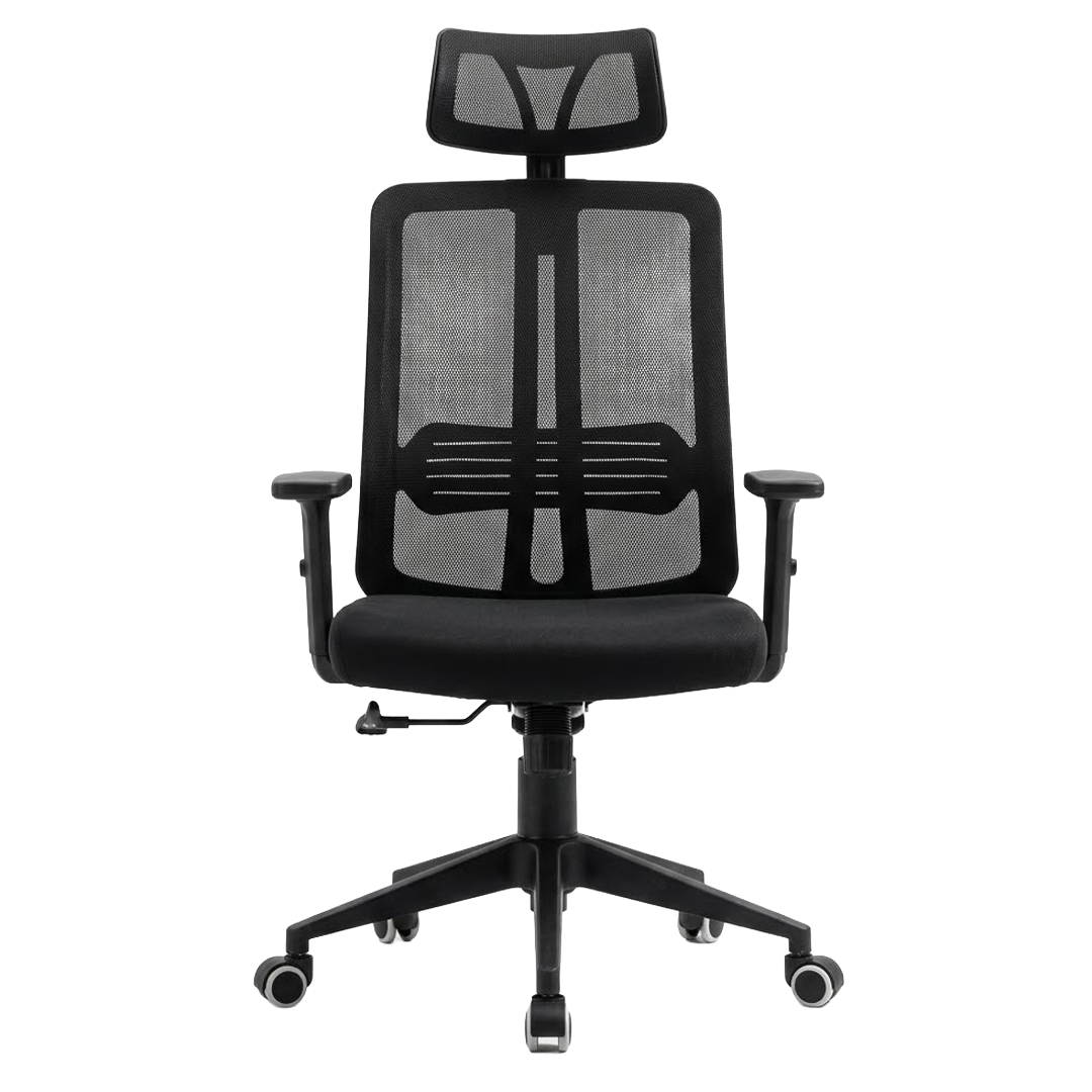 Black office chair with mesh back on a white background