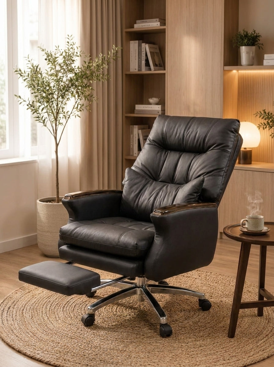 Luxury Black Boss Chair with Retractable Footrest