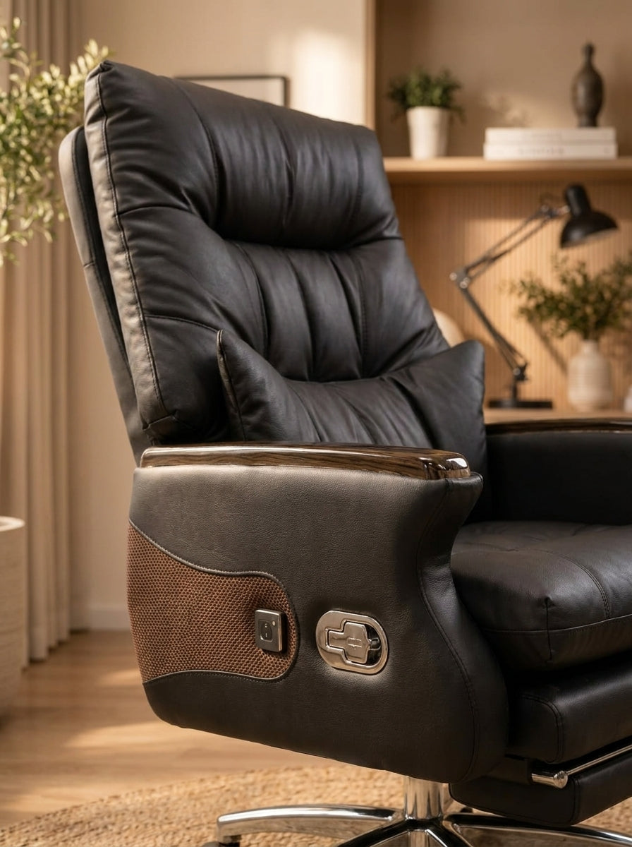 Luxury Black Boss Chair with Retractable Footrest