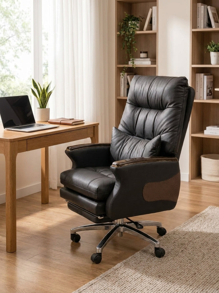 Luxury Black Boss Chair with Retractable Footrest